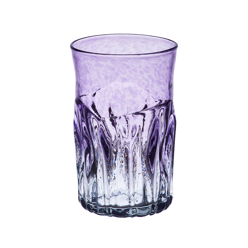 Glass with clear bottom and purple glass top on a transparent background.