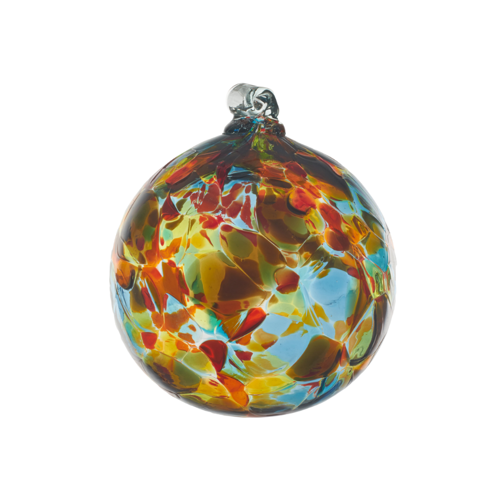 Round glass ball with brown, blue, red, lime, and orange glass mosaiced around the entire surface on a transparent background.