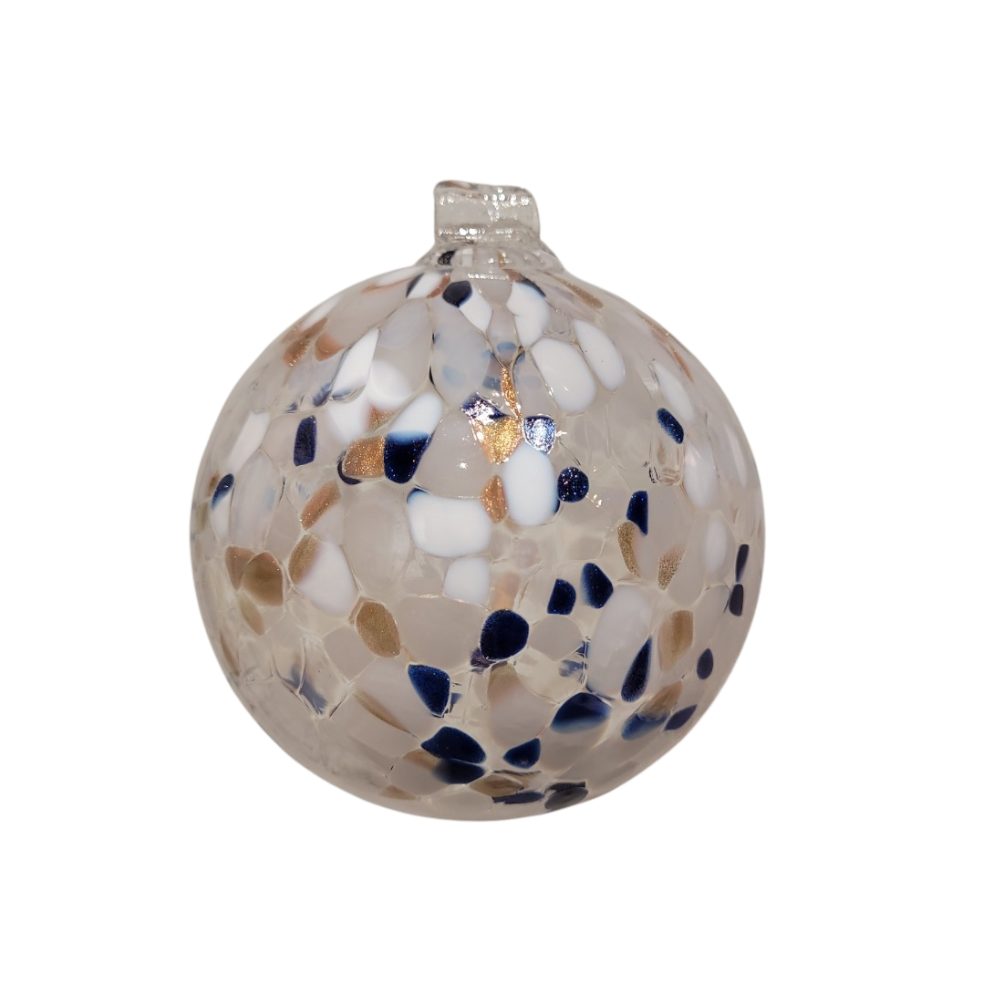 Round glass ball with opaque navy glitter, opaque copper glitter and opaque white glass mosaiced around the entire surface on a transparent background.