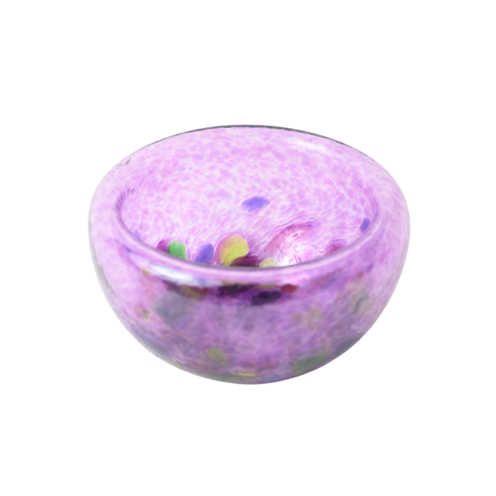 Purple blown glass bowl with yellow, purple and green spots on a transparent background