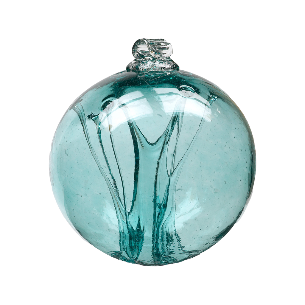 Teal glass orb with webbing pulled from bottom to top on a transparent background.