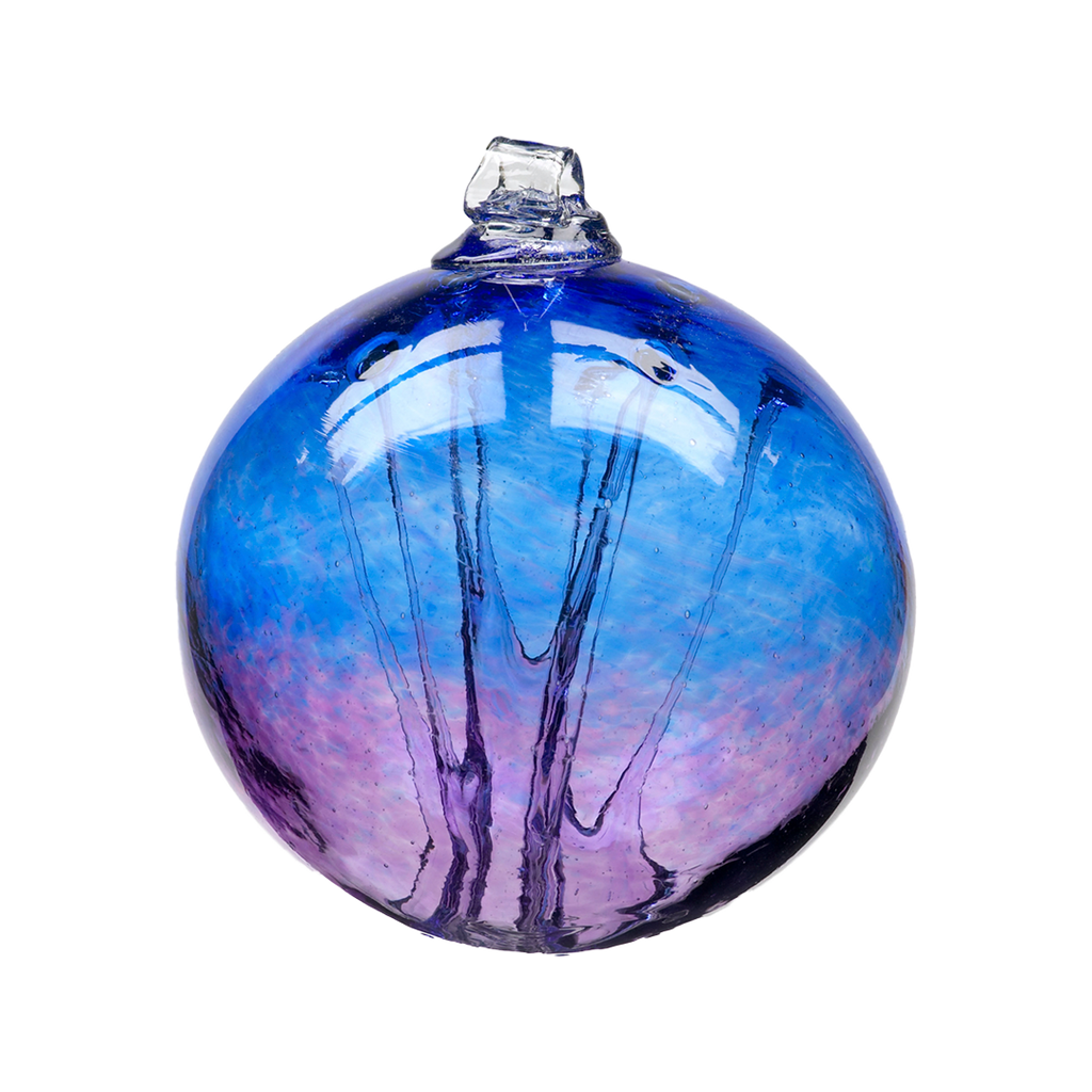 Glass orb with blue glass on top and purple glass on the bottom and webbing pulled from bottom to top on a transparent background.