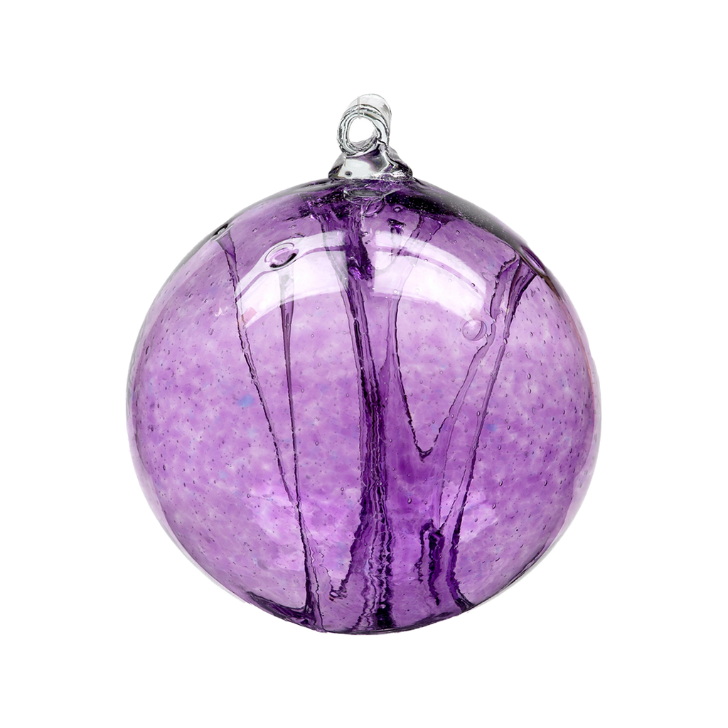 Purple glass orb with webbing pulled from bottom to top on a transparent background.