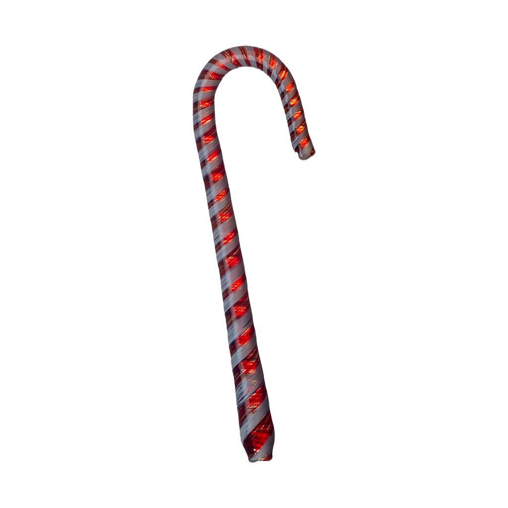 Red and white striped glass Candy Cane on a transparent background.