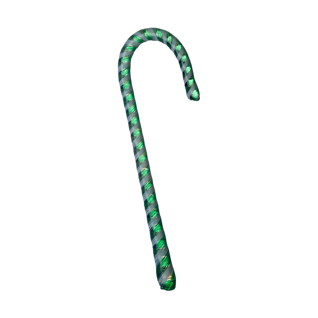 Green and white striped glass Candy Cane on a transparent background.