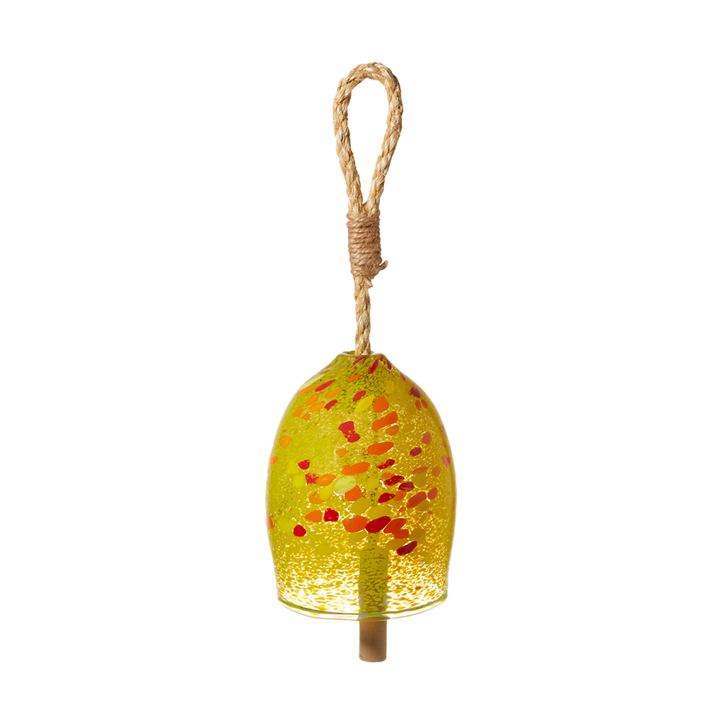 Opaque yellow bell with yellow, orange and red spots with a rope and wood toggle on a transparent background.