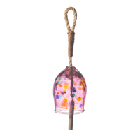 Pink bell with amber, orange, blue, green and purple spots with a rope and wood toggle on a transparent background.