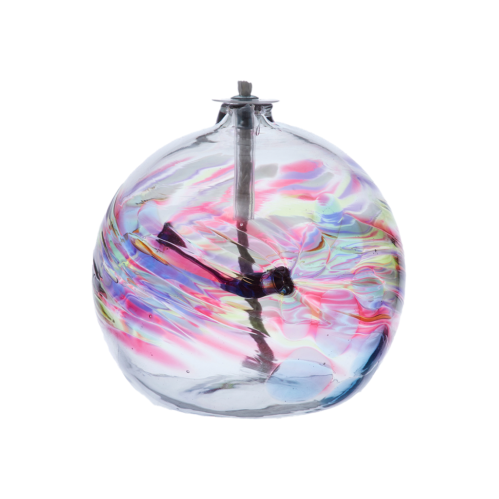 Flat-bottomed glass orb with purple, pink, red, green and grey coloured glass around the middle and horizontal webbing on a transparent background.