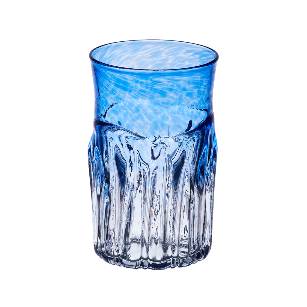 Glass with clear bottom and blue glass top on a transparent background.