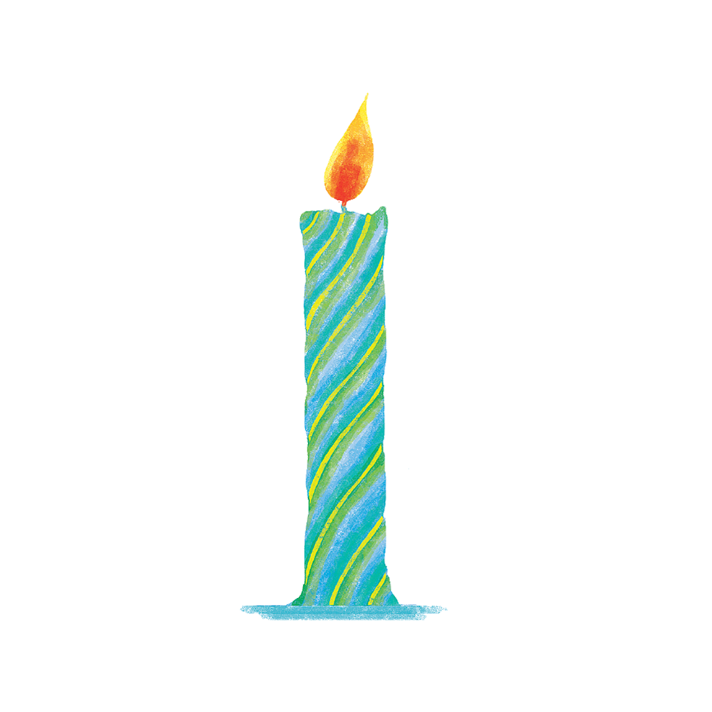 Illustrated blue, green and yellow diagonal striped candle with an orange, yellow and red flame on a transparent background.