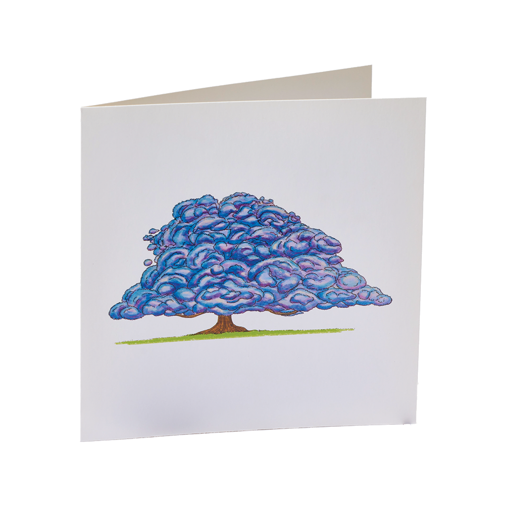 Illustrated tree on a white background. Brown trunk on green grass and blue and purple "leaves" that look like fluffy clouds