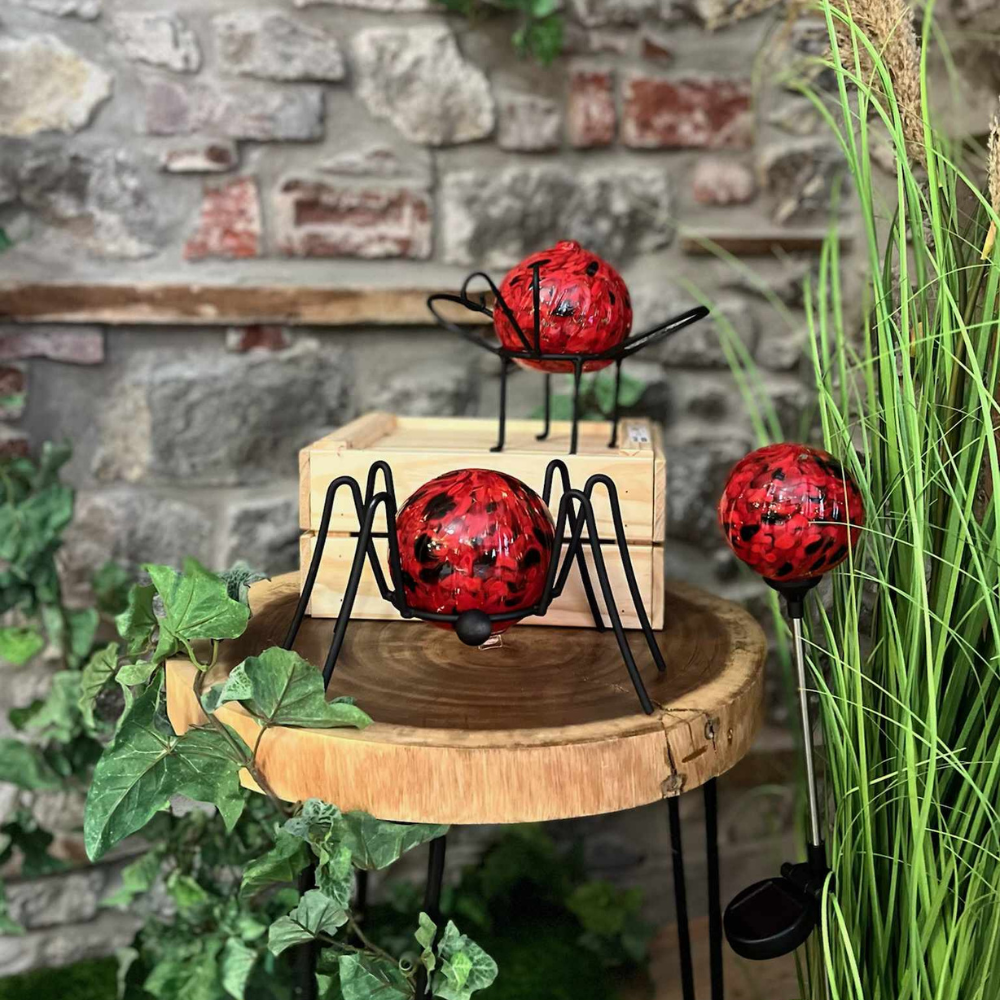 Black and red orb a Spider Garden Holder on a wood table. Black and Red sphere oil lamp on an insect garden holder, resting on a wooden box. Red and black solar light staked in long grass to the right. All on front of a stone wall. 