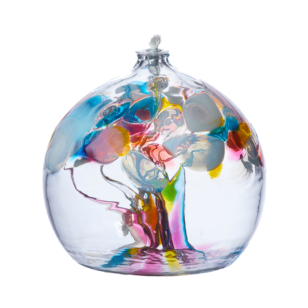 Tree Oil Lamp Clear glass flat bottom orb with yellow, pink and blue glass pulled through the middle and yellow, white, pink and blue bits on top on a transparent background.