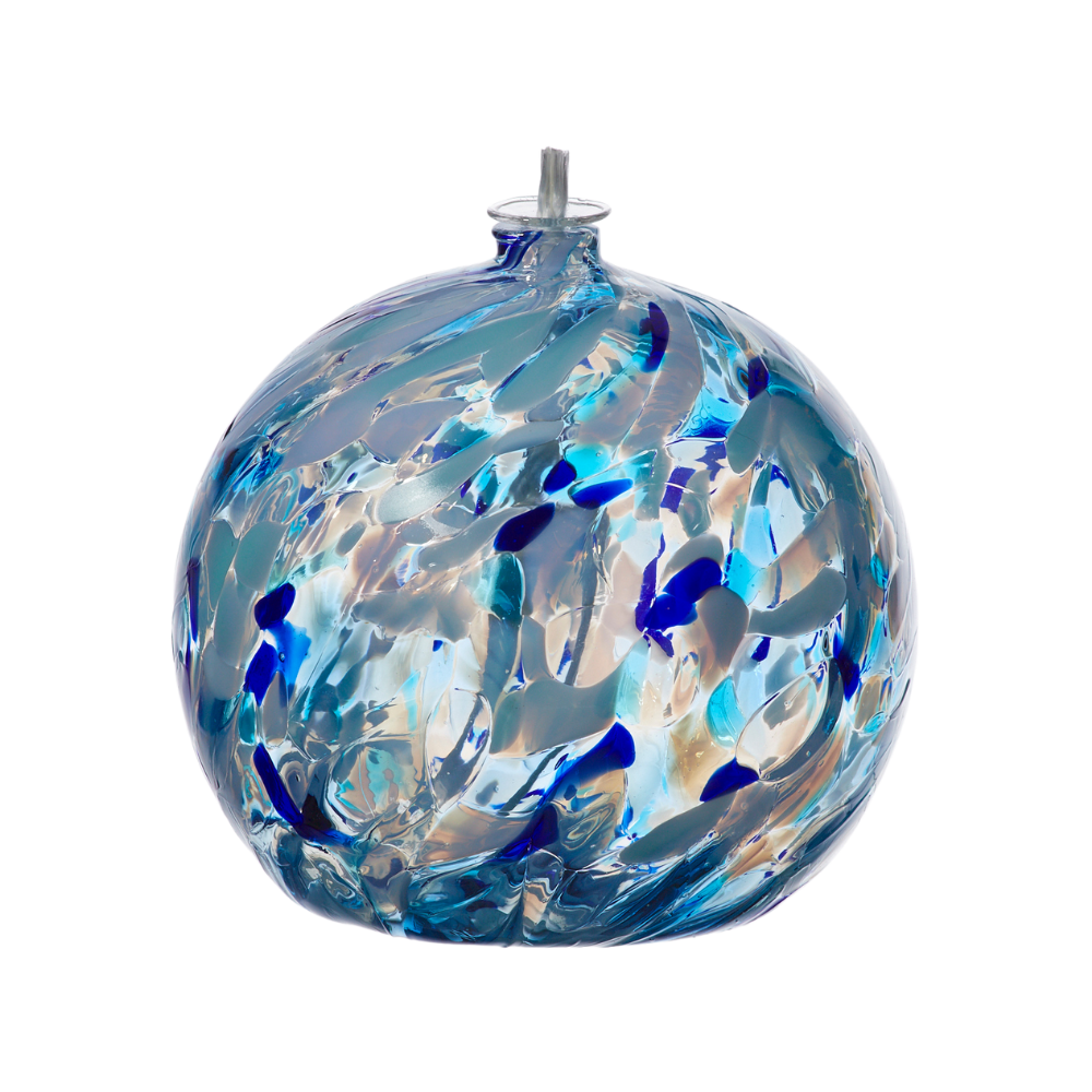 Light and dark blue and white round oil lamp on a transparent background