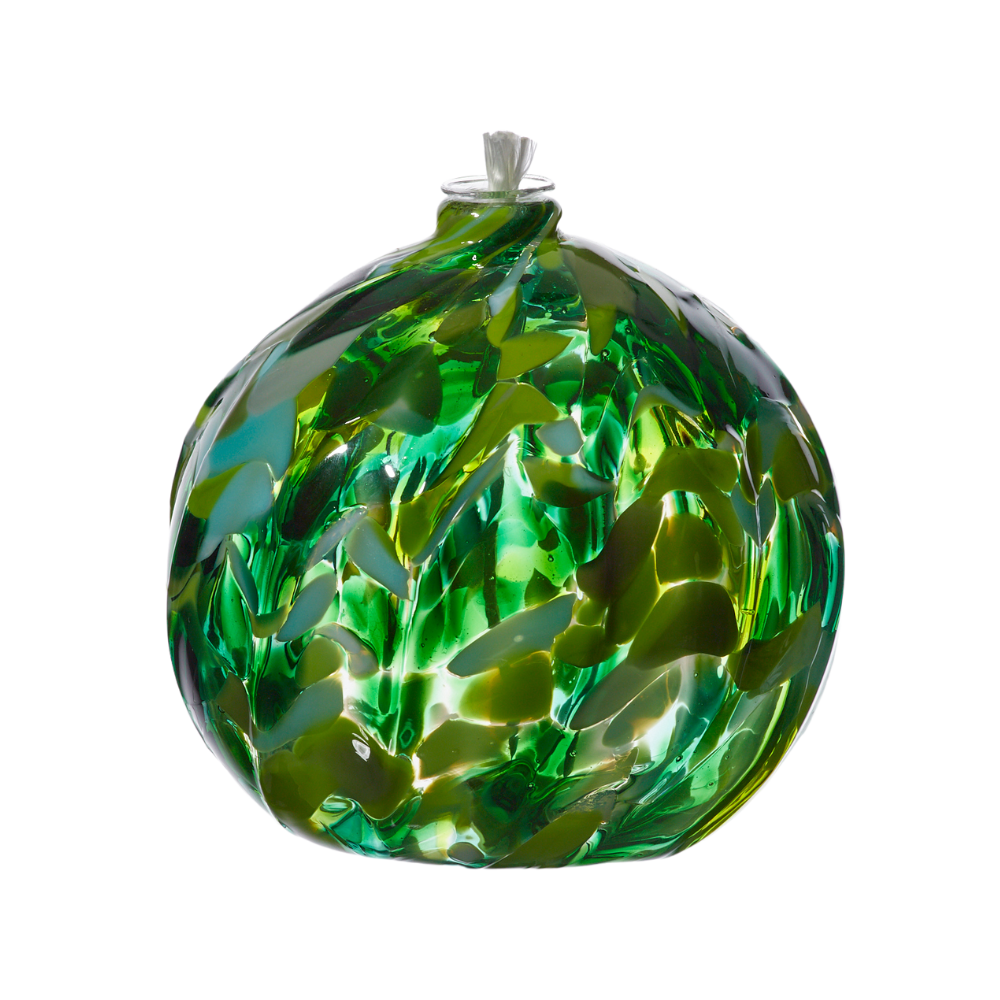 Light and dark green and white round oil lamp on a transparent background