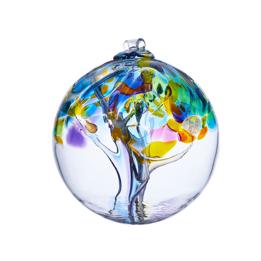 Clear glass orb with clear and purple glass pulled through the middle and yellow, purple, pink, orange, green and blue bits on top on a transparent background.
