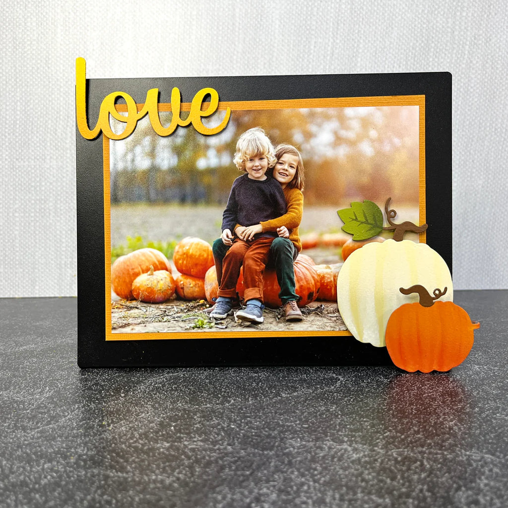 Black memo board with Pumpkins Magnet, Love Magnet and fall photo. 