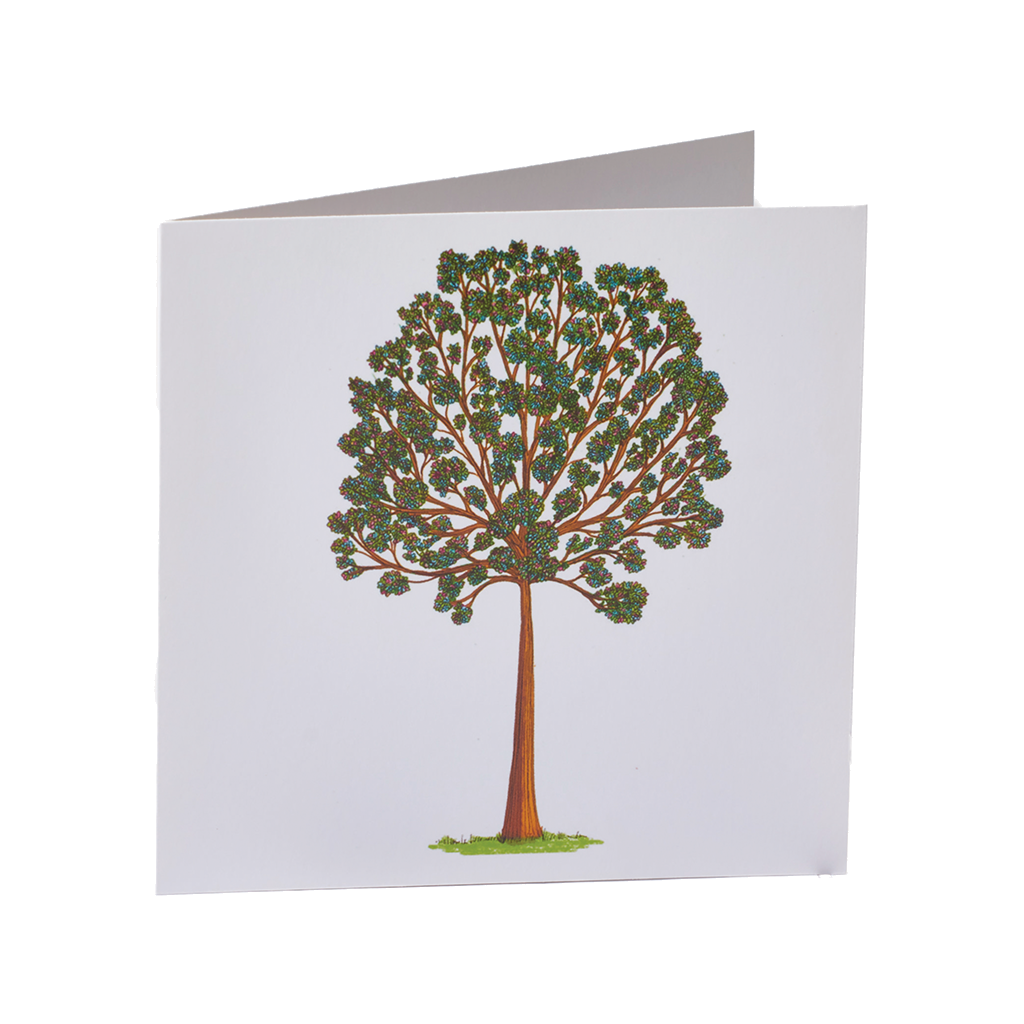 Illustrated tree on a white background with a brown trunk and tufts of green leaves