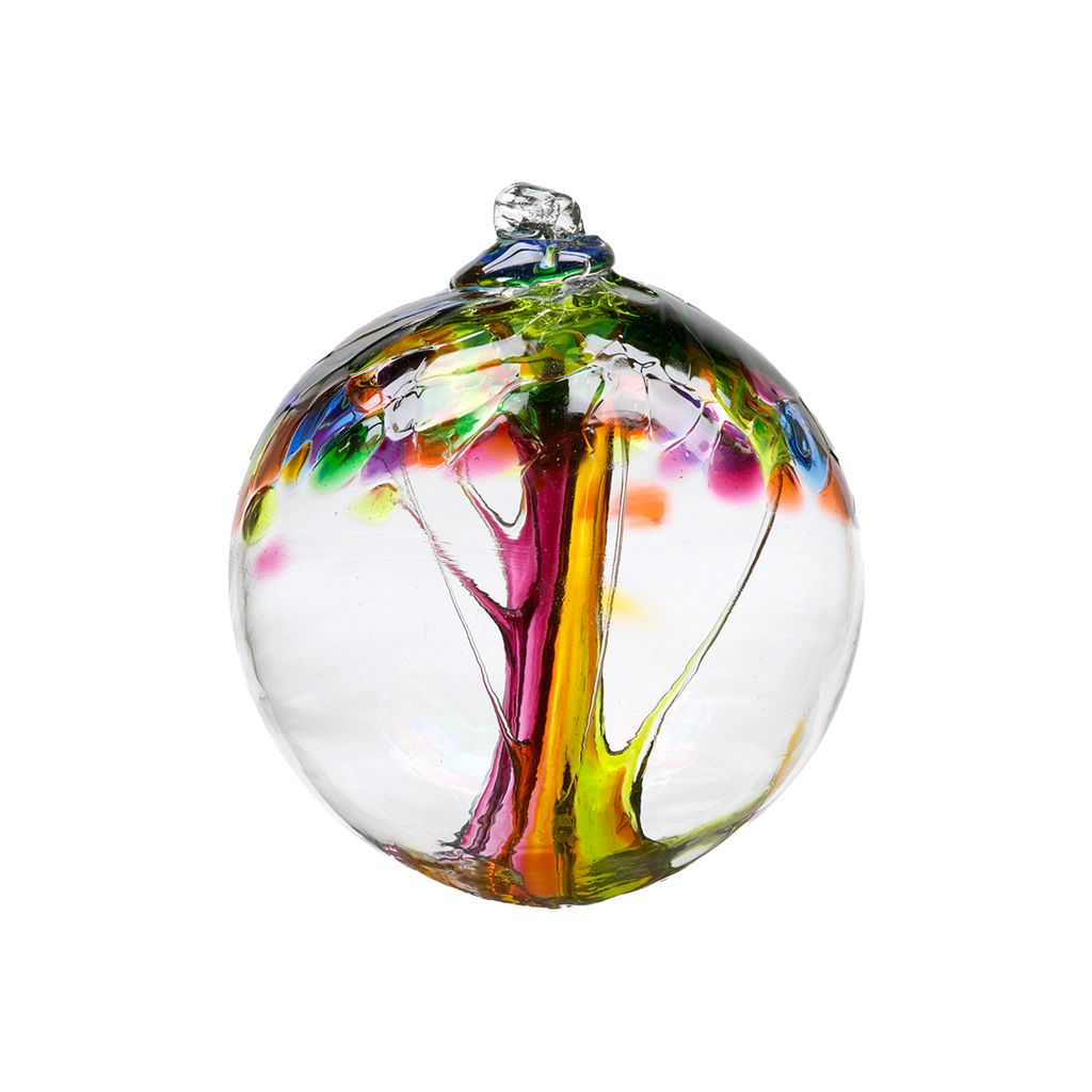 Clear glass orb with pink and orange glass pulled through the middle and yellow, purple, pink, orange and green bits on top on a transparent background.