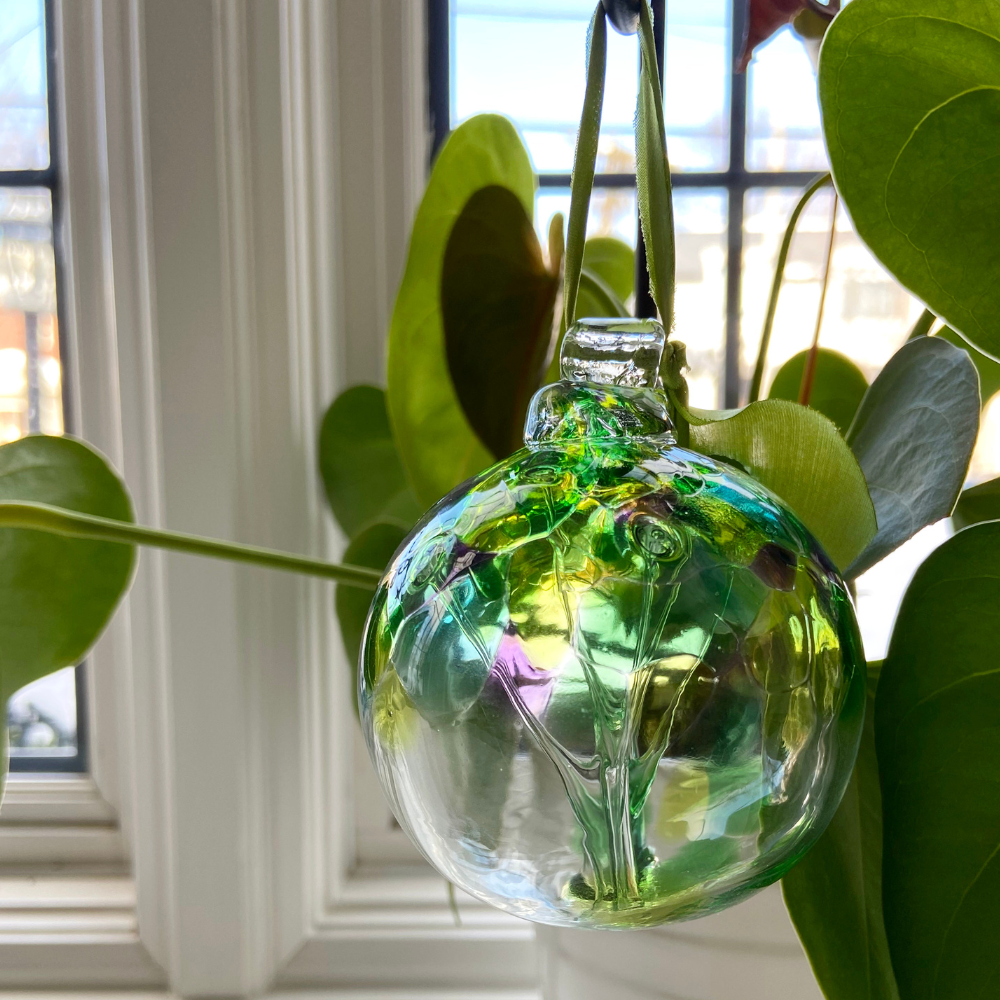 Clear glass orb with purple and green glass pulled through the middle and yGreen, Teal, Lime, Blue, Purple and Pink bits on top hanging amongst greenery in front of a window