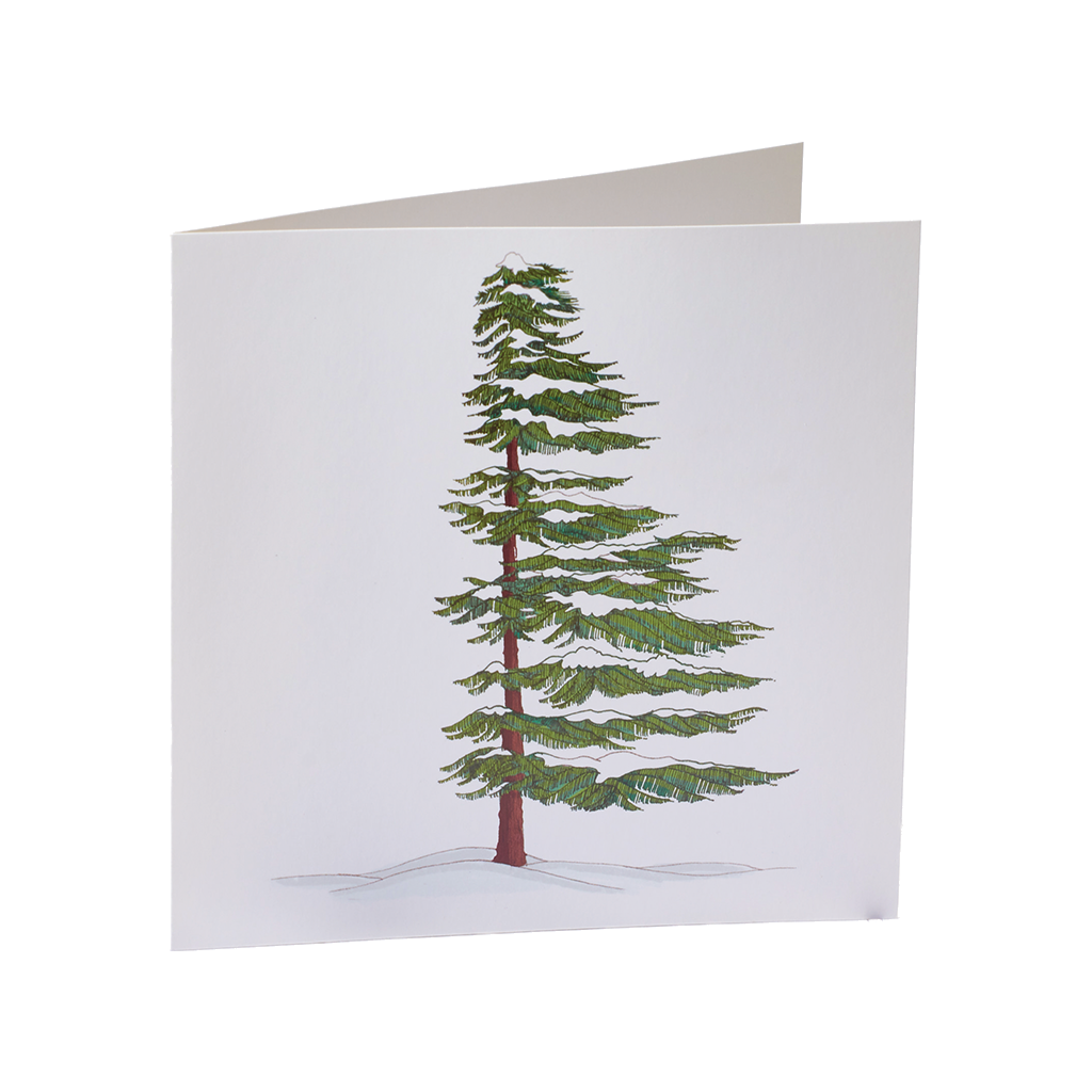 An illustration of an evergreen tree in a mound of snow with a brown trunk and green needles blowing to the right in the wind. Tree illustration is on a white background